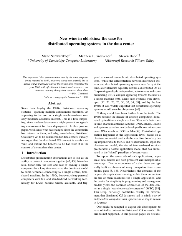 New Wine in Old Skins: The Case for Distributed Operating Systems in the Data Center